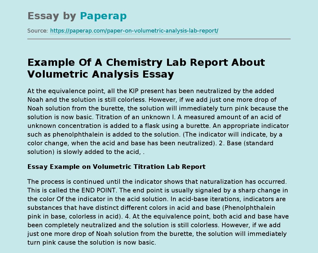 Example Of A Chemistry Lab Report About Volumetric Analysis Free Essay