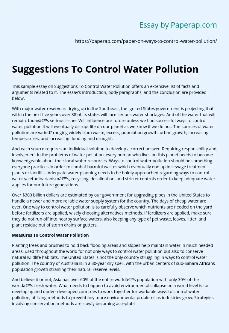 Suggestions To Control Water Pollution Free Essay Example