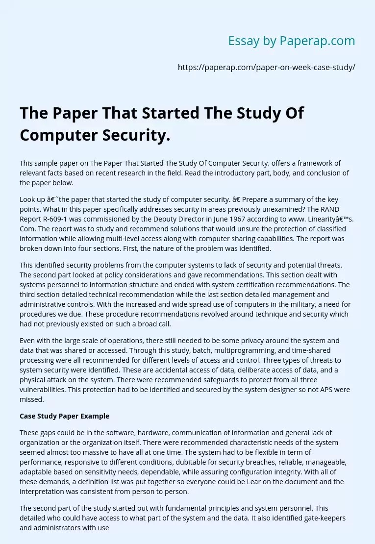 The Paper That Started The Study Of Computer Security. Summary And