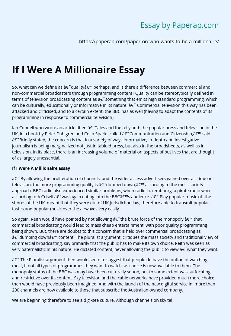 If I Were A Millionaire Essay Free Essay Example