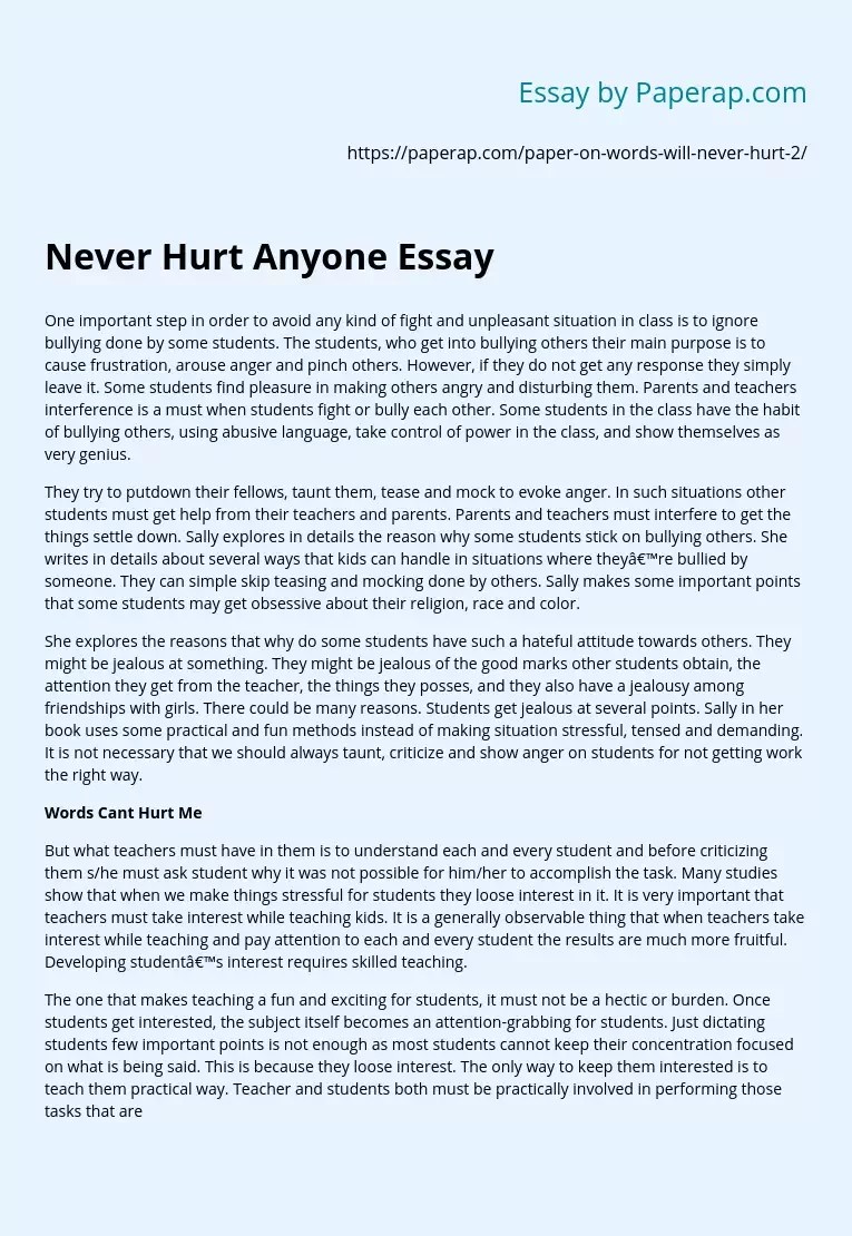 Never Hurt Anyone Essay Free Essay Example
