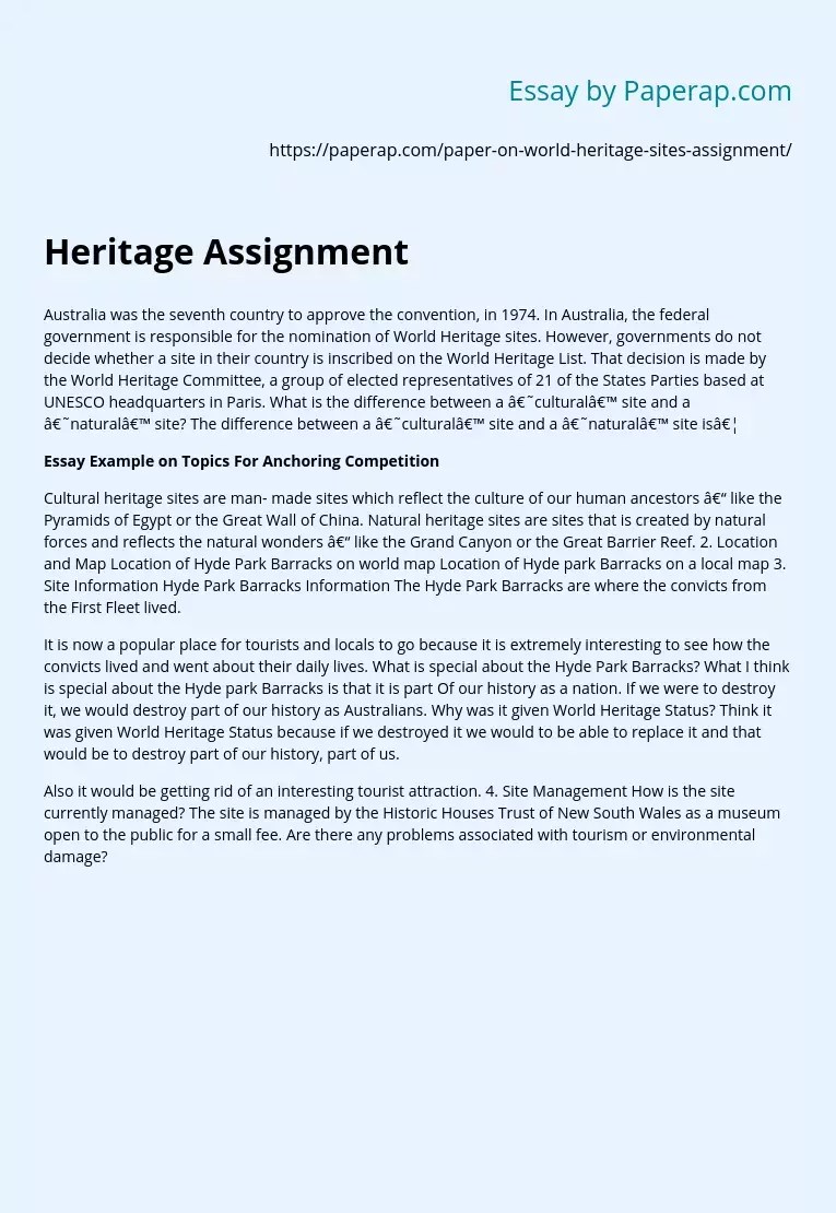 World Locations Heritage Assignment Free Essay Example