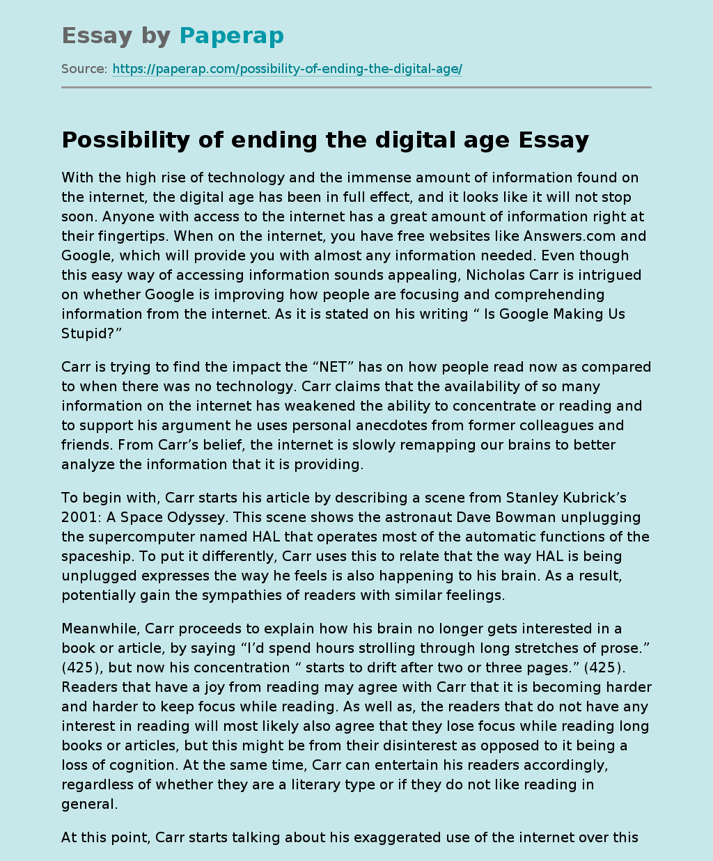 Possibility of ending the digital age Free Essay Example