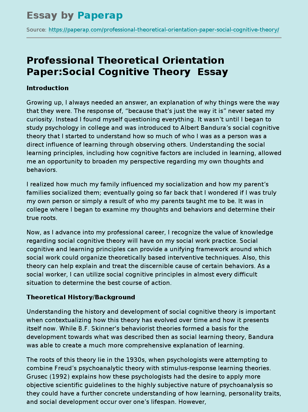 Professional Theoretical Orientation PaperSocial Cognitive Theory Free Essay Example