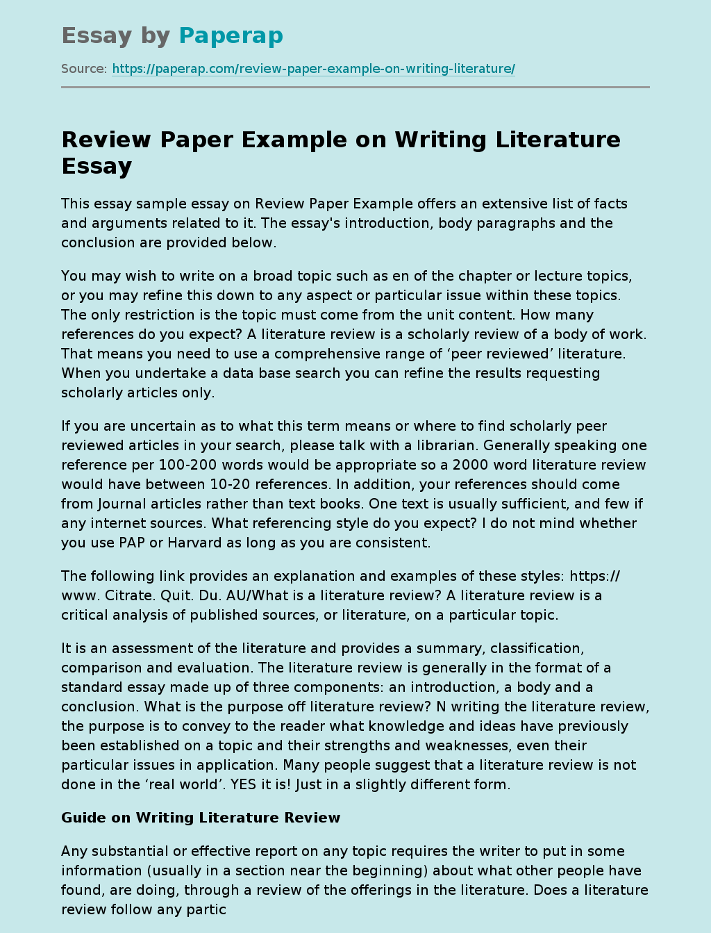 Review Paper Example on Writing Literature Free Essay Example
