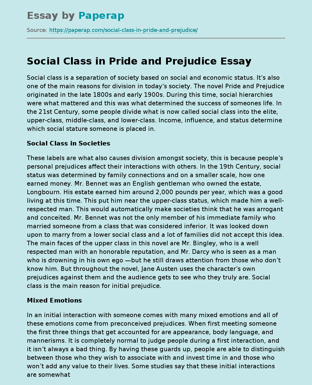 Social Class in Pride and Prejudice Free Essay Example