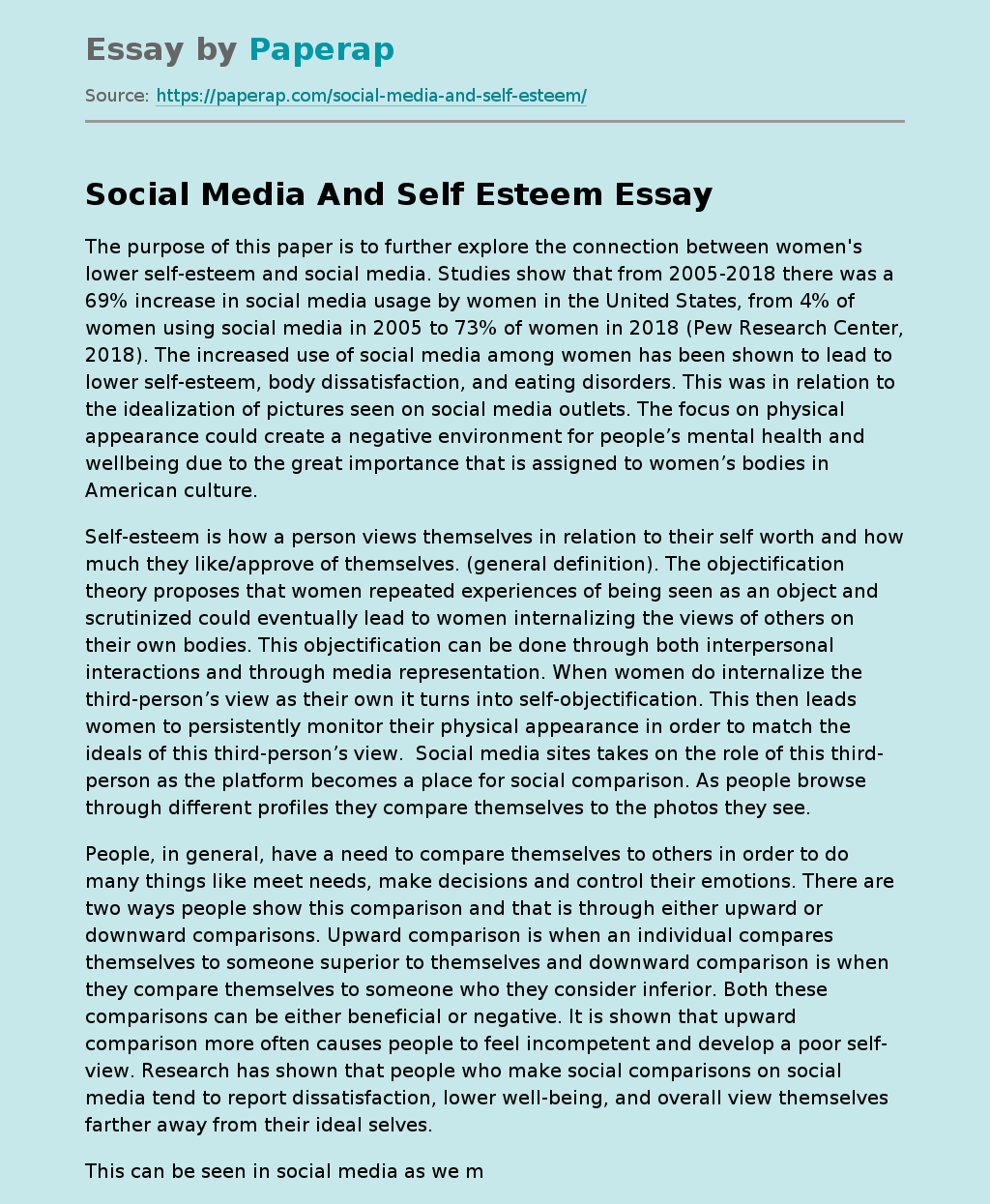 Social Media And Self Esteem Free Essay Example