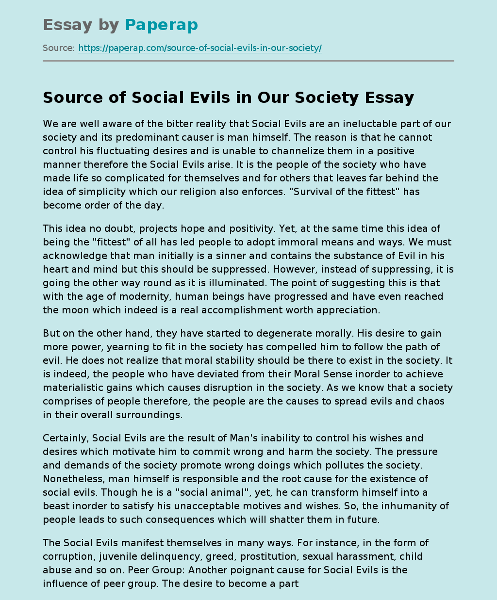 Source of Social Evils in Our Society Free Essay Example