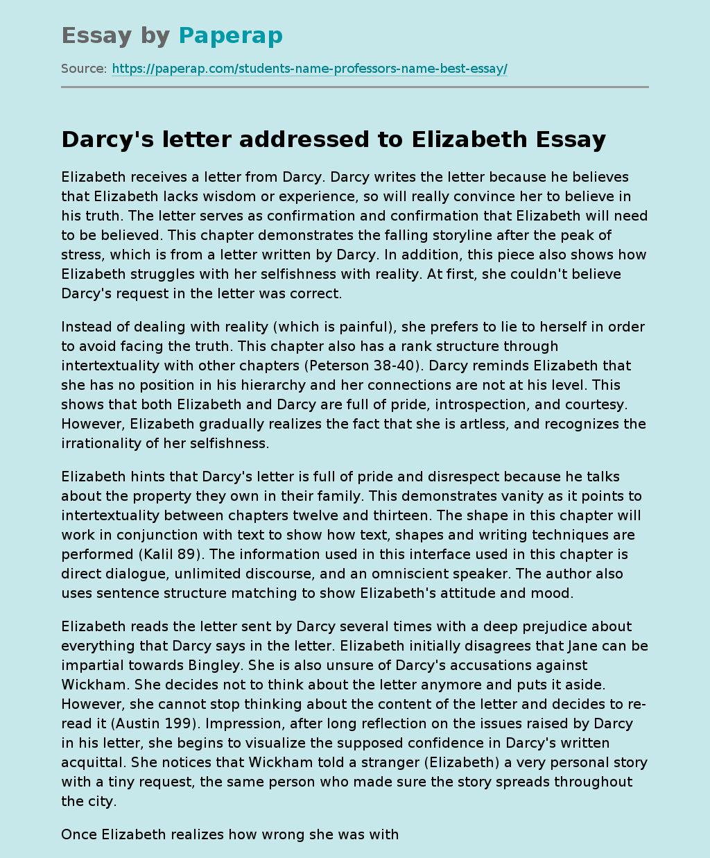 Darcy's letter addressed to Elizabeth Free Essay Example