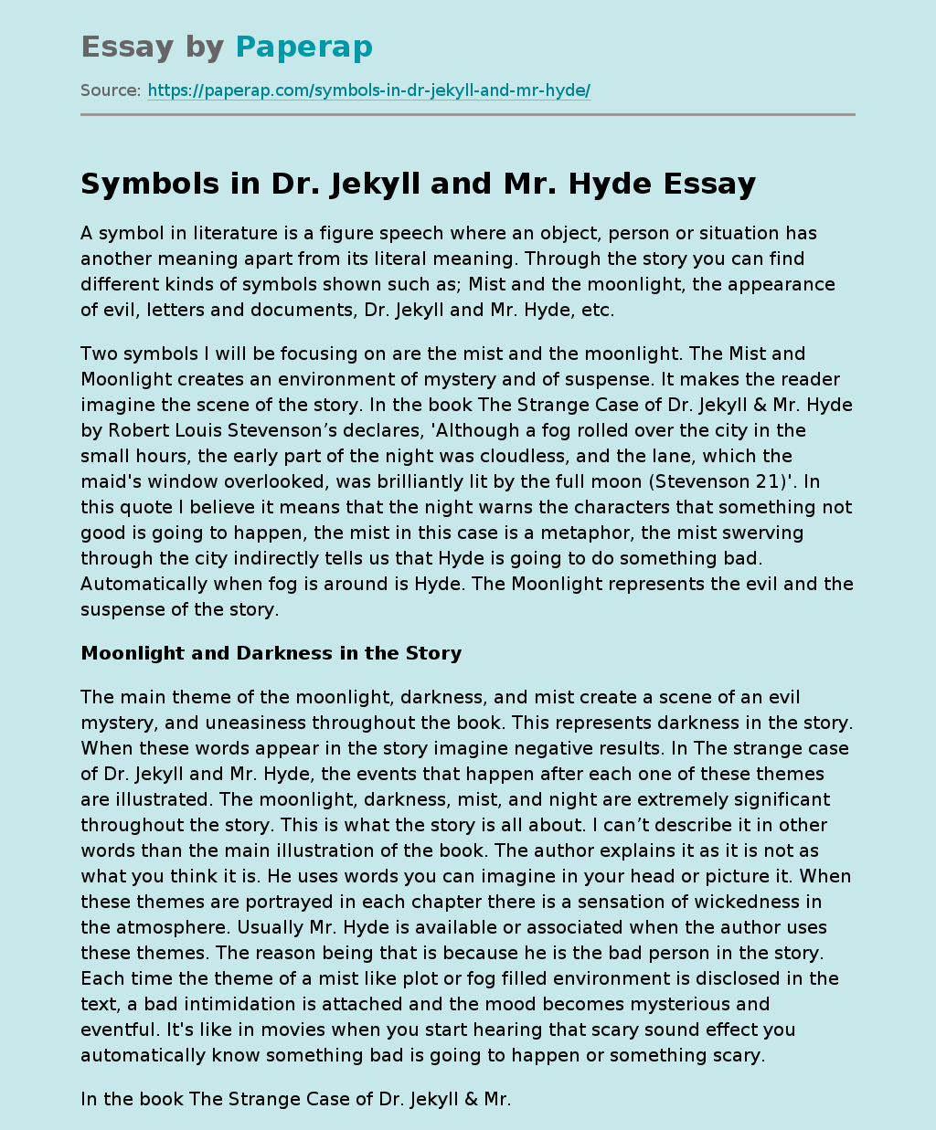 Symbols in Dr. Jekyll and Mr. Hyde Free Essay Example