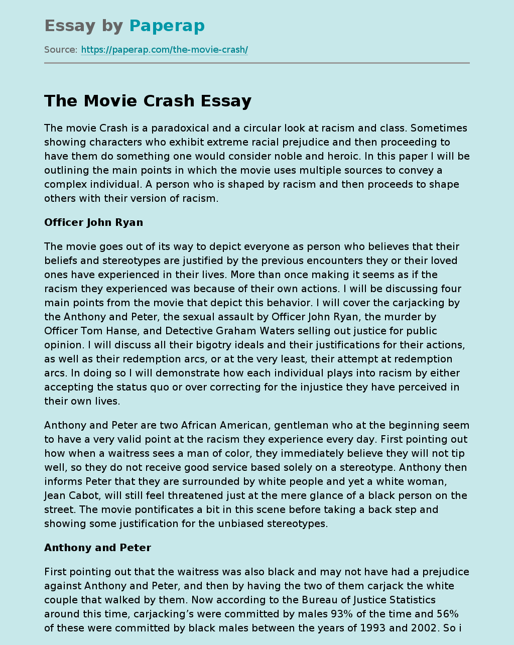 The Movie Crash Free Essay Example