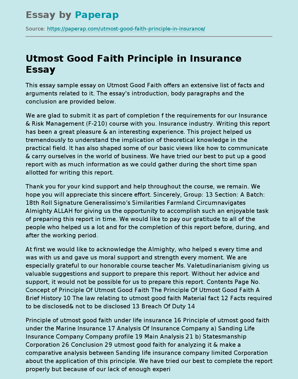 Utmost Good Faith Principle in Insurance Free Essay Example