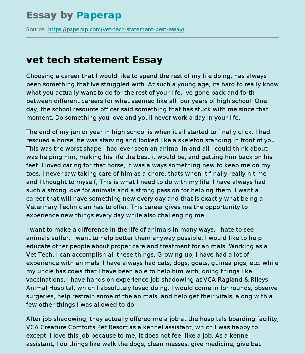 vet tech statement Free Essay Example