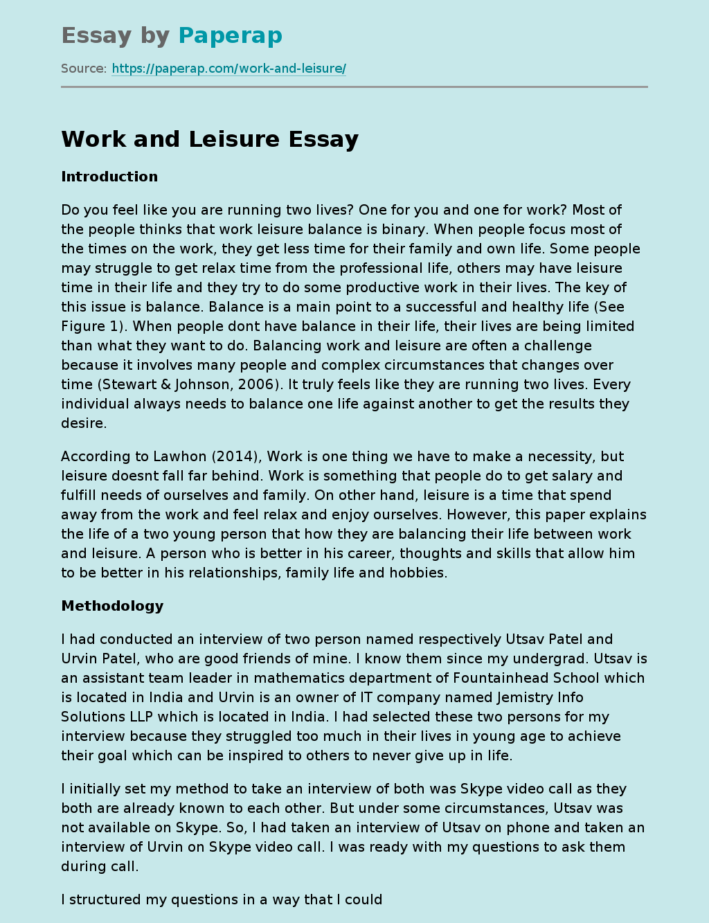 Work and Leisure Free Essay Example