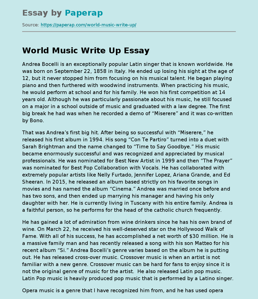 World Music Write Up Free Essay Example