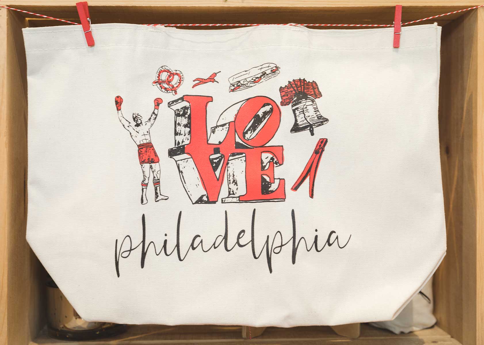Philadelphia Icons tote bag with Rocky, pretzel, LOVE, cheesesteak