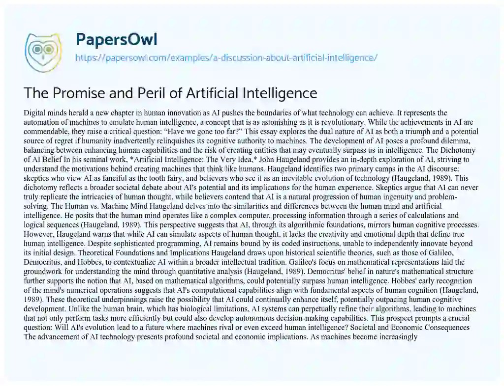 A Discussion about Artificial Intelligence Free Essay Example 1307 Words