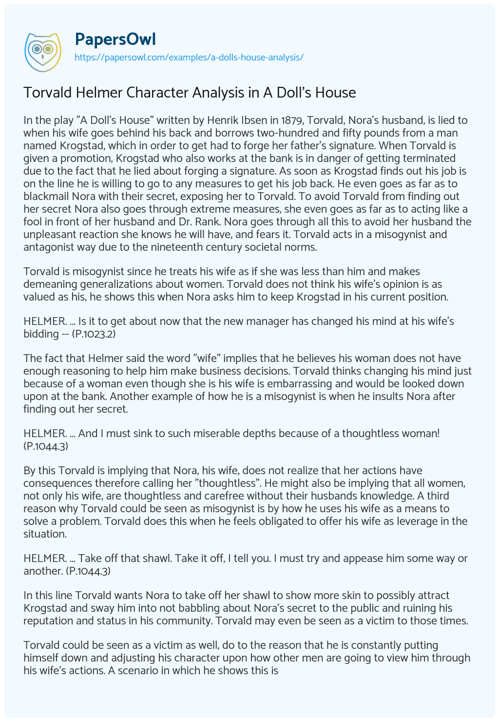 Torvald Helmer Character Analysis in A Doll's House Free Essay
