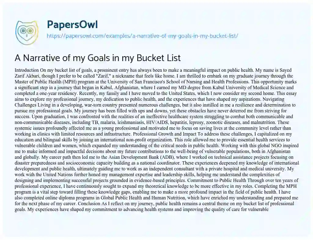 A Narrative of My Goals in My Bucket List Free Essay Example 451