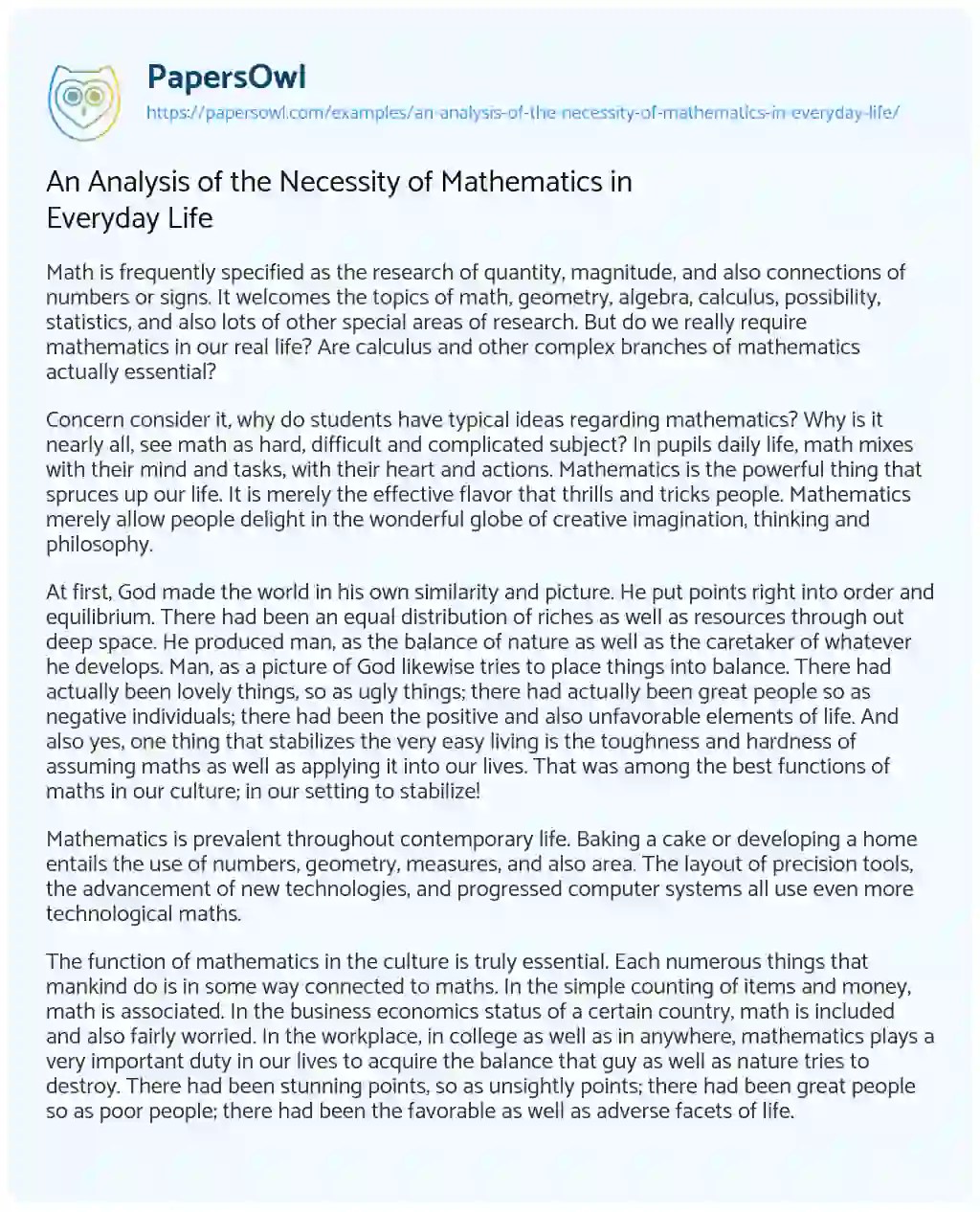 An Analysis of the Necessity of Mathematics in Everyday Life Free Essay Example 428 Words