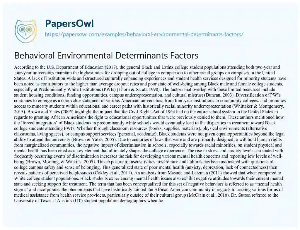 Behavioral Environmental Determinants Factors Free Essay Example