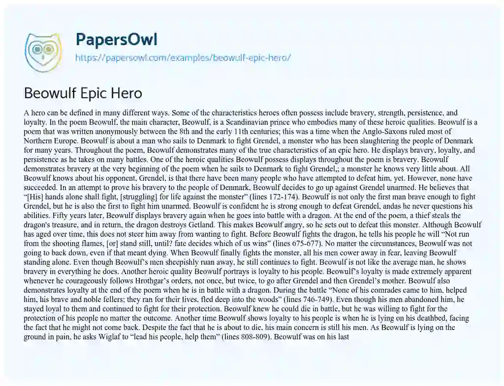 Beowulf Epic Hero Free Essay Example 1079 Words