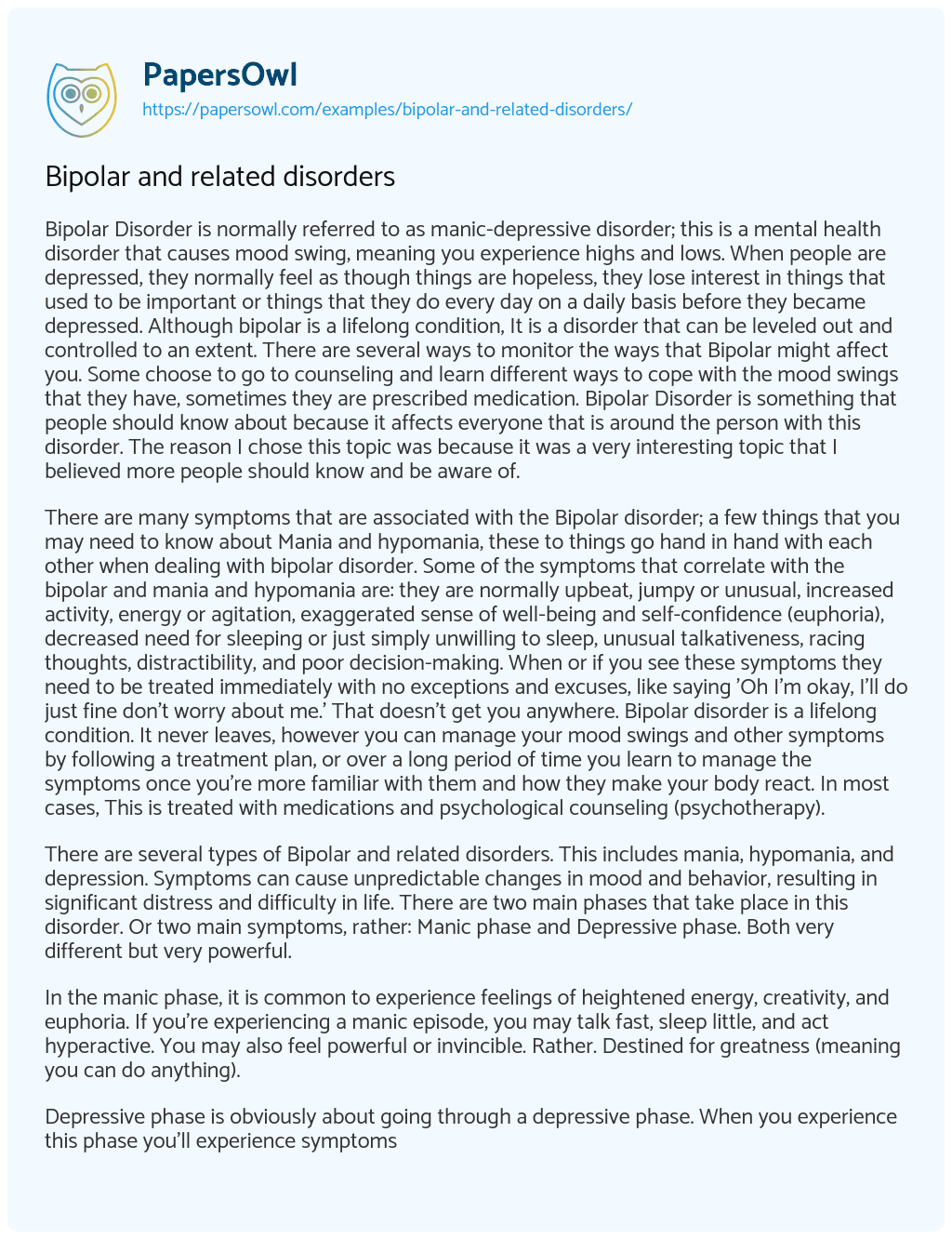 Bipolar and related disorders Free Essay Example 563 Words