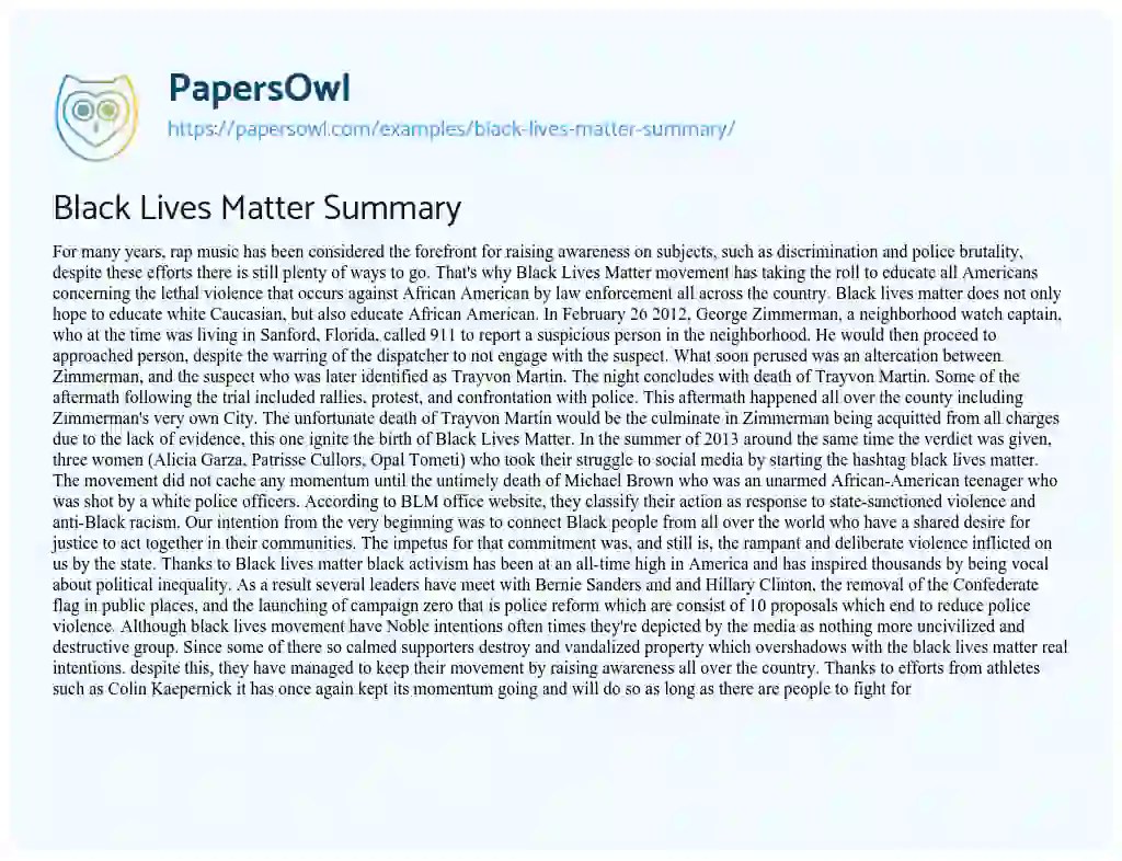 Black Lives Matter Summary Free Essay Example
