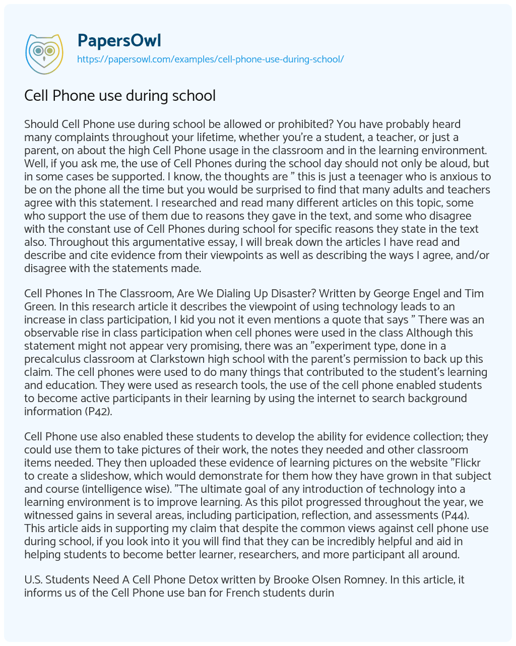 Cell Phone use during school Free Essay Example 882 Words