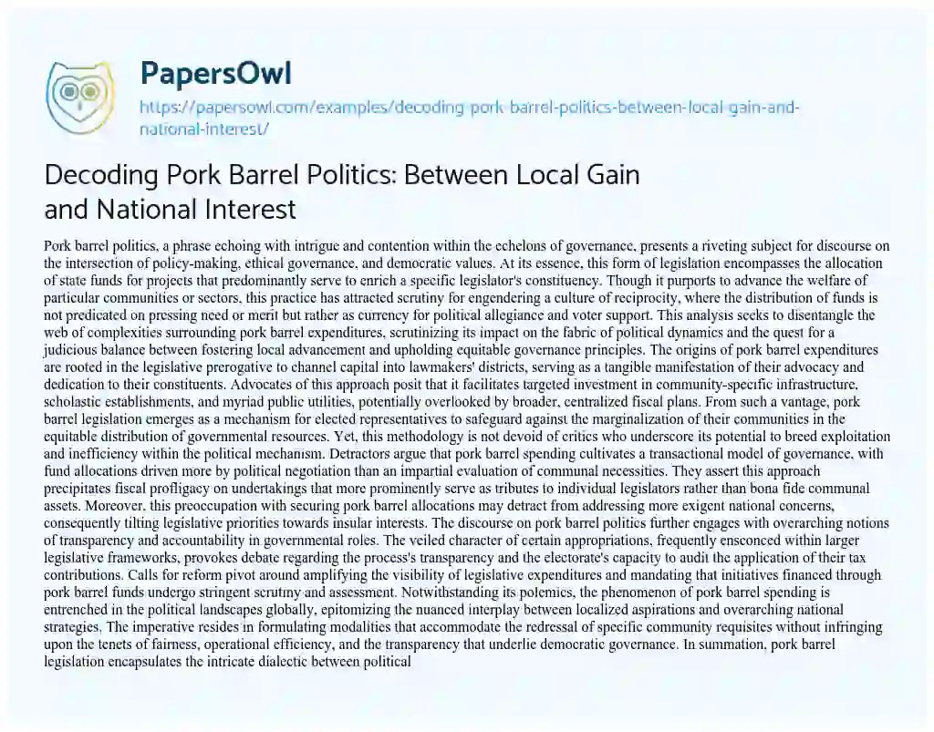 Decoding Pork Barrel Politics Between Local Gain and National Interest