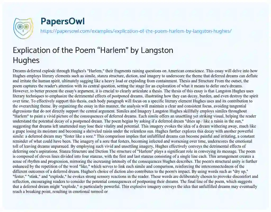 Explication of The Poem “Harlem” by Langston Hughes Analysis Essay