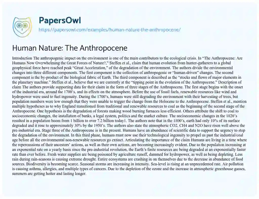 Human Nature The Anthropocene Free Essay Example 956 Words