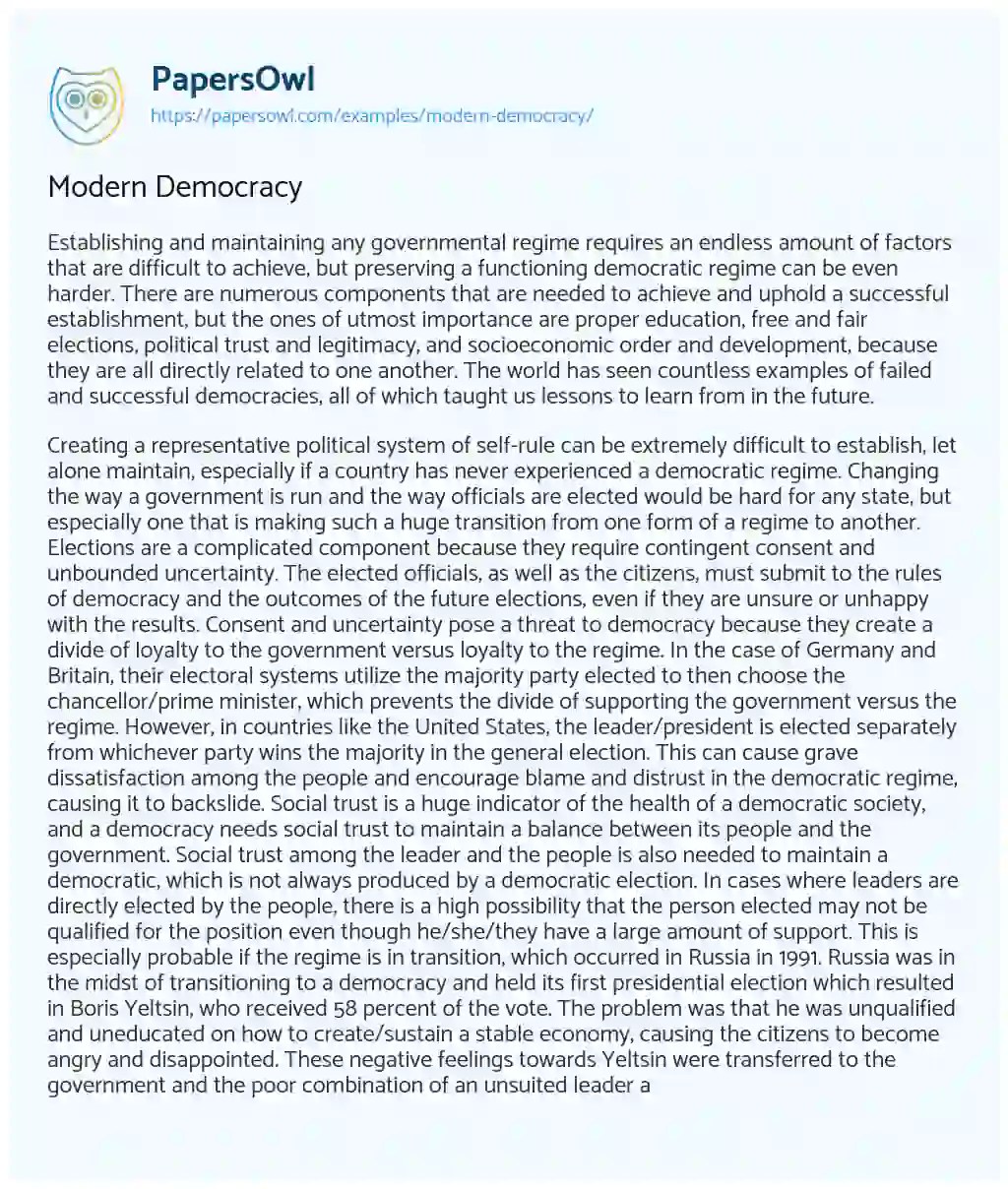 Modern Democracy Free Essay Example 2526 Words