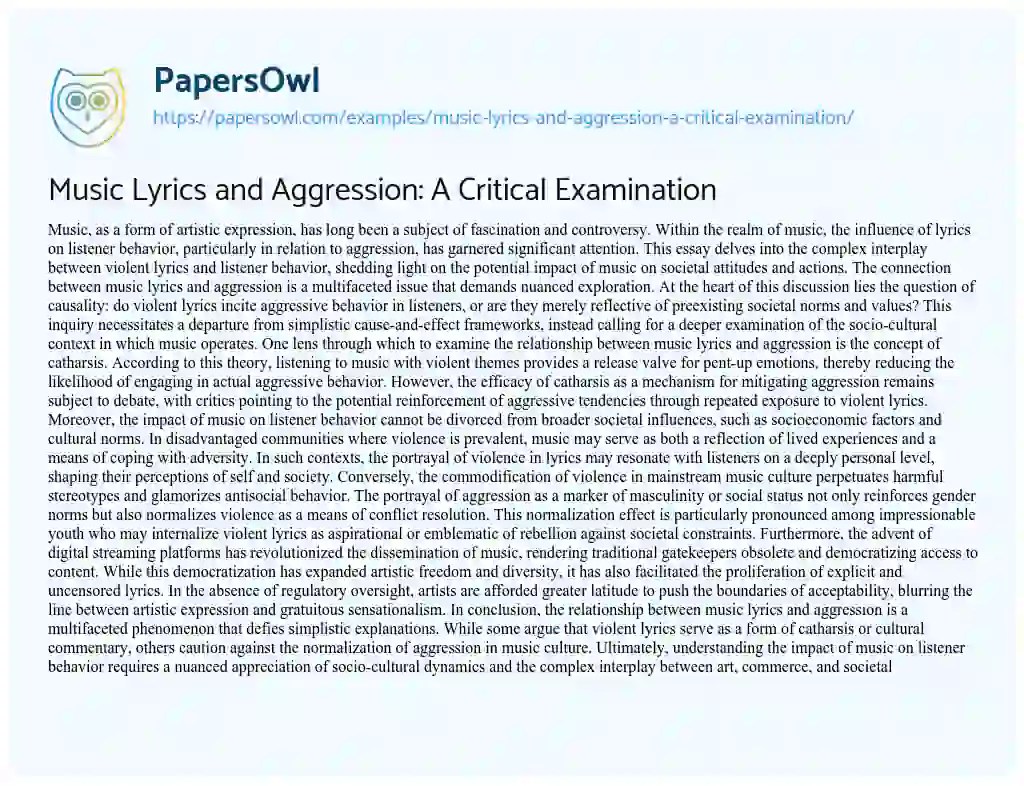 Music Lyrics and Aggression A Critical Examination Free Essay