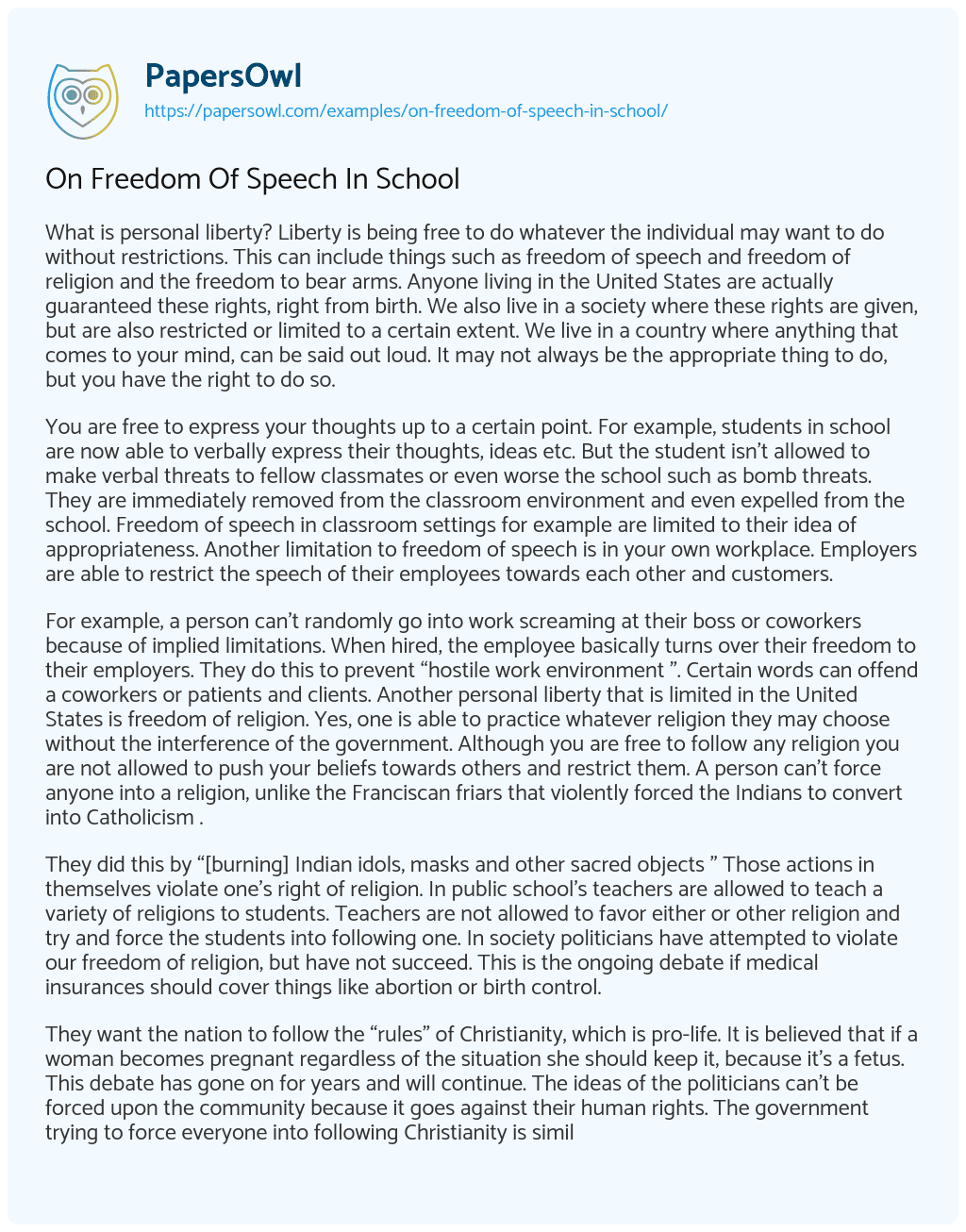 On Freedom Of Speech In School Free Essay Example 904 Words
