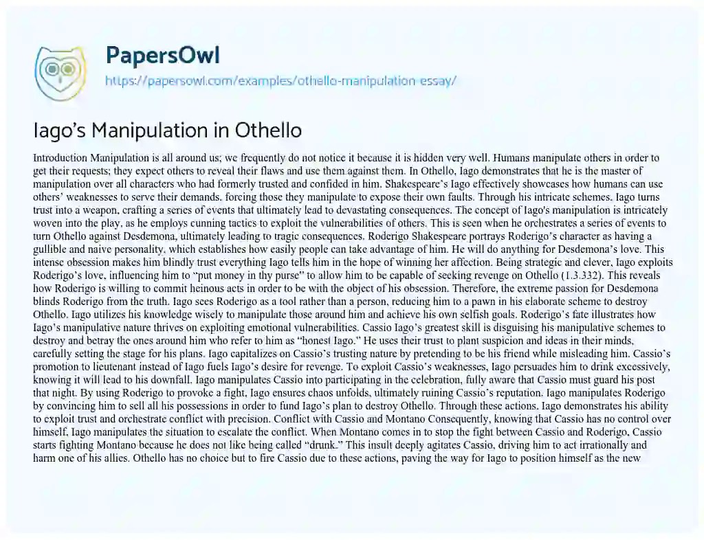 Othello Manipulation Essay Free Essay Example 1336 Words