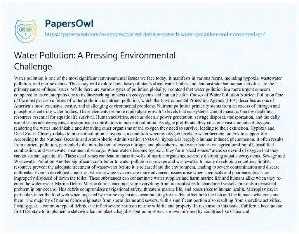 Paired Debate Speech Water Pollution and Consumerism Free Essay