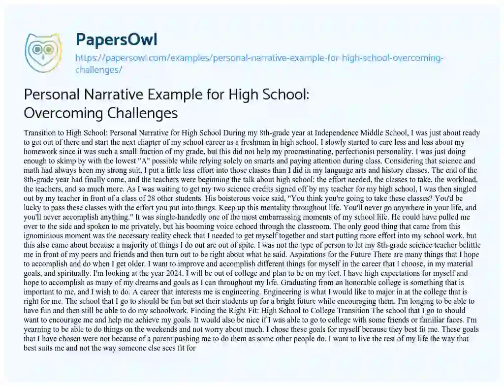 Personal Narrative Example for High School Challenges