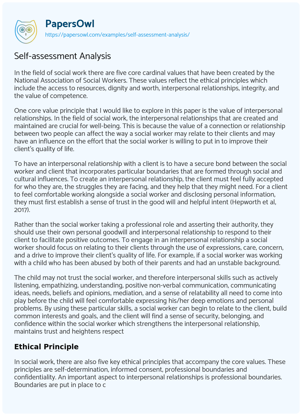 Selfassessment Analysis Free Essay Example 2648 Words