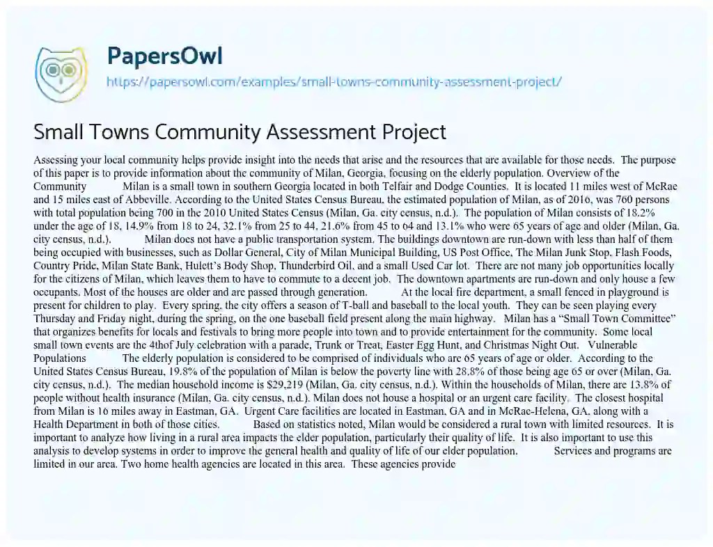 Small Towns Community Assessment Project Free Essay Example 998