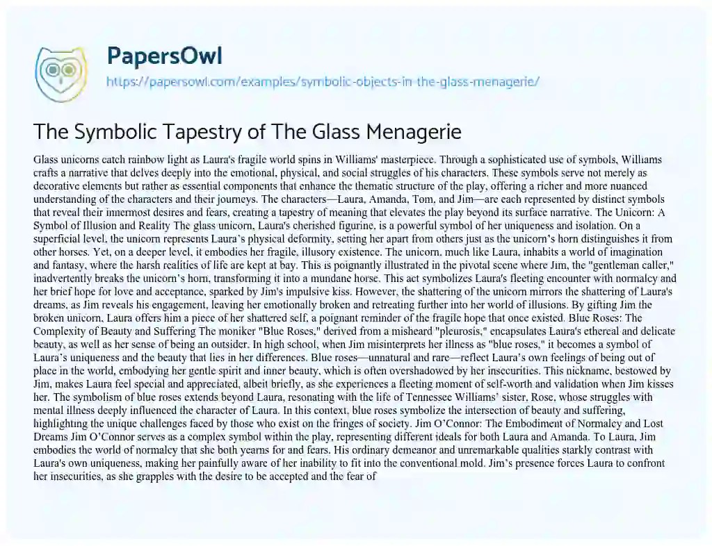 Symbolic Objects in "The Glass Menagerie" Free Essay Example 1161