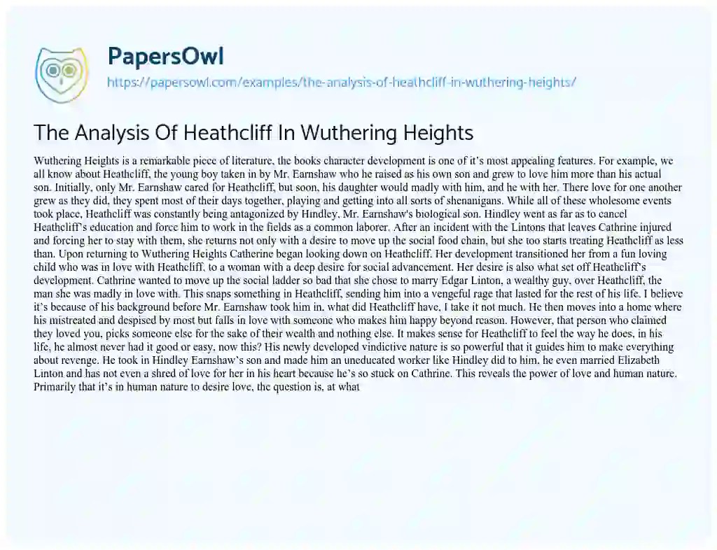 The Analysis Of Heathcliff In Wuthering Heights Free Essay Example