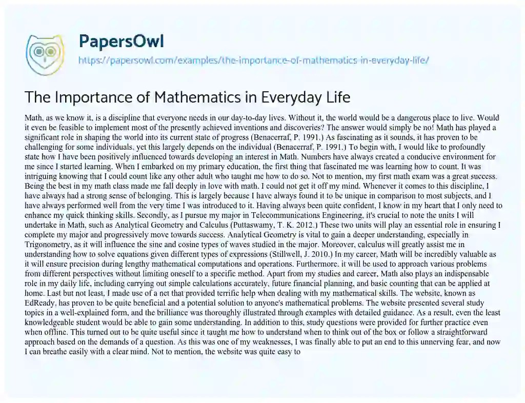 The Importance of Mathematics in Everyday Life Free Essay Example 709 Words