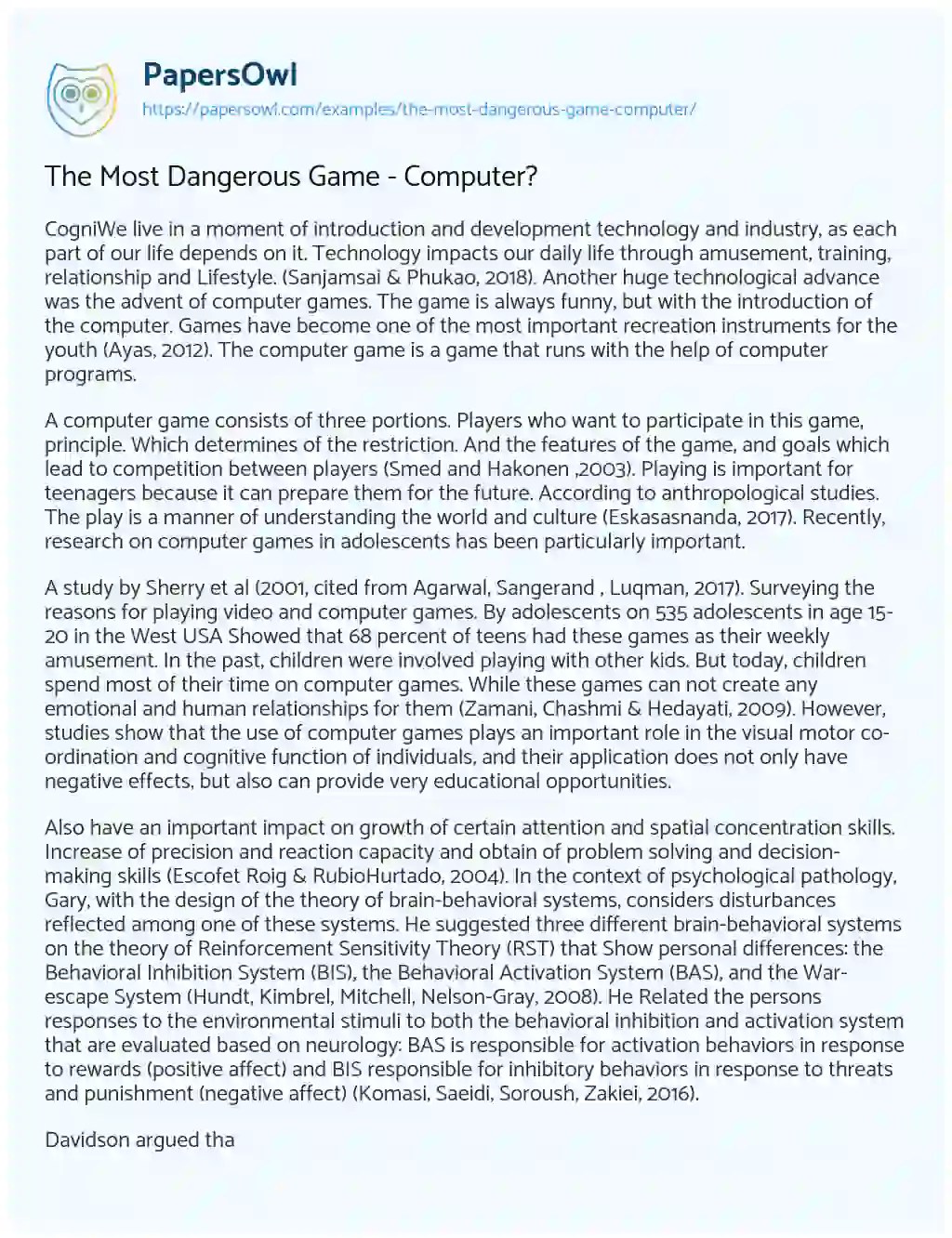 The Most Dangerous Game Computer? Free Essay Example 521 Words(04)