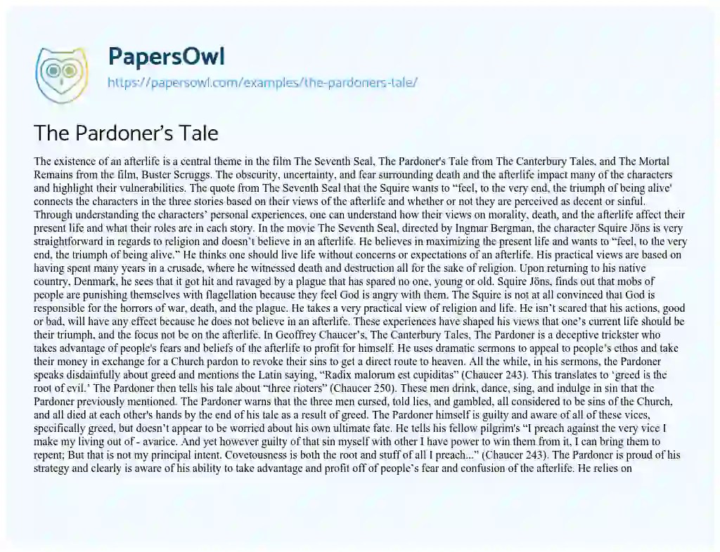 The Pardoner's Tale Free Essay Example 1076 Words