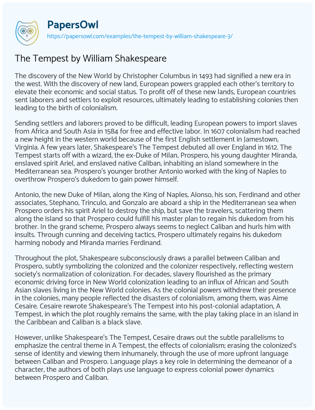 The Tempest by William Shakespeare Free Essay Example 1211 Words