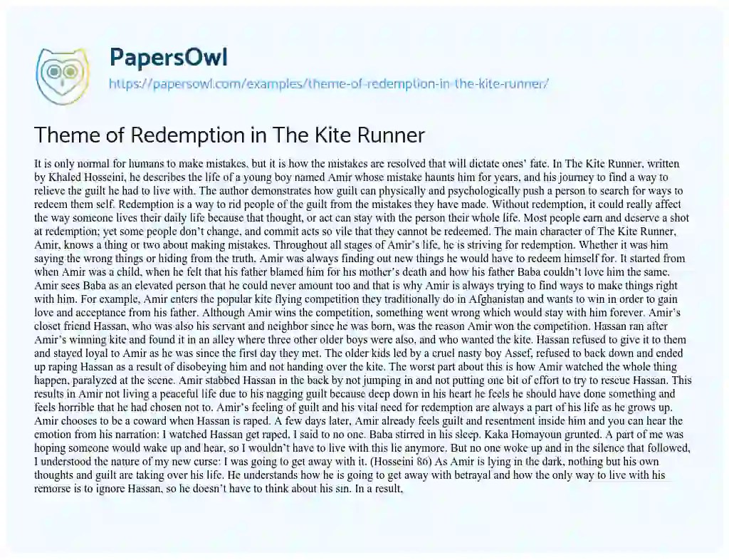Theme of Redemption in The Kite Runner Free Essay Example 1435