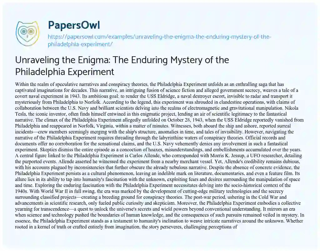 Unraveling the Enigma The Enduring Mystery of the Philadelphia