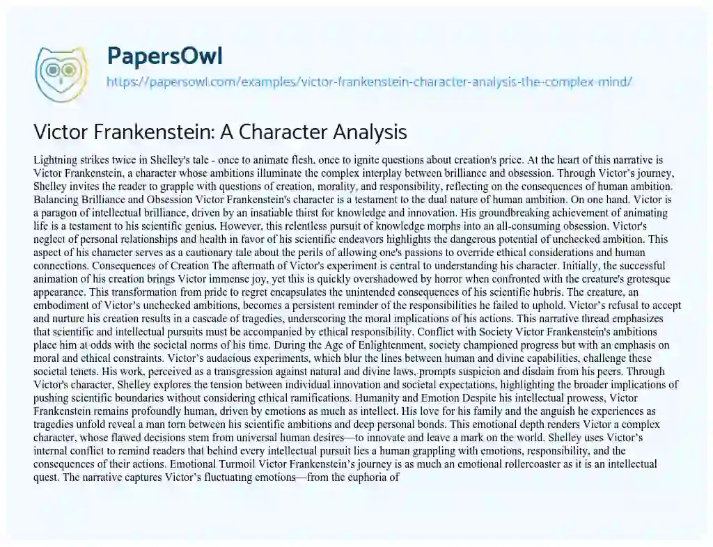 Victor Frankenstein Character Analysis The Complex Mind Free Essay