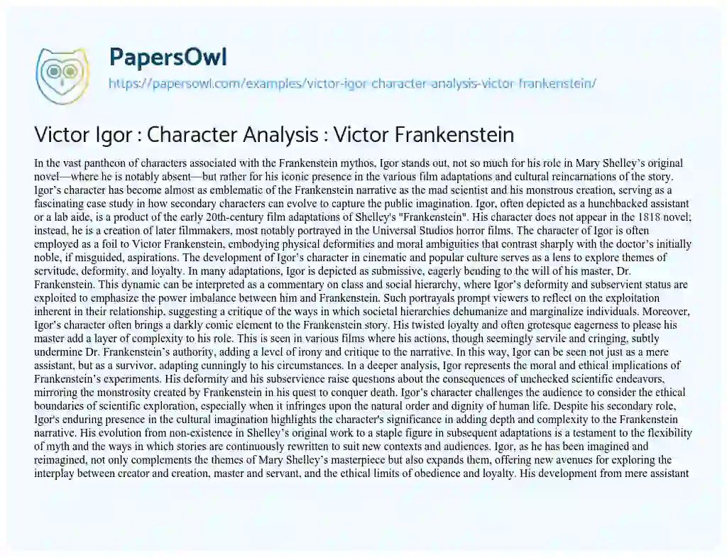 Victor Igor Character Analysis Victor Frankenstein Free Essay